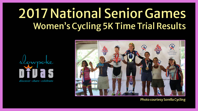 Podium winners in the 2017 National Senior Games women's cycling 5K time trial. Photo courtesy of Sorella Cycling.