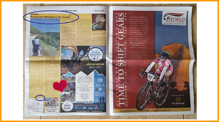 July 2019 issue of Cycling West two-page Sarah Kaufman story, Huntsman World Senior Games ad