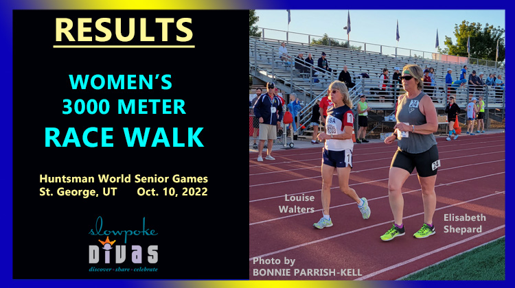 graphic stating results for women 3000 meter race walk at 2022 huntsman world senior games