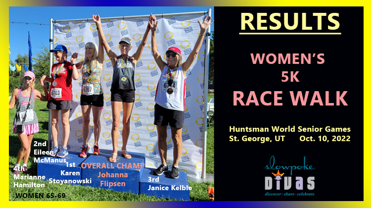 photo of top five women in 65-69 age group at 5K race walk at 2022 huntsman world senior games