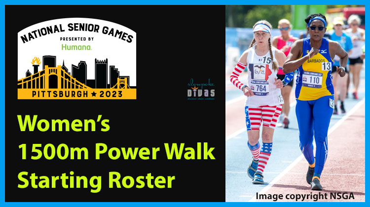 title card for women's 1500 meter power walk race at 2023 National Senior Games. Photo of 2 female power walkers at 2022 National Senior Games