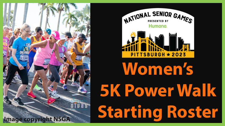 title card for women's 5K power walk race at 2023 National Senior Games. Photo of women's power walk start at 2022 National Senior Games