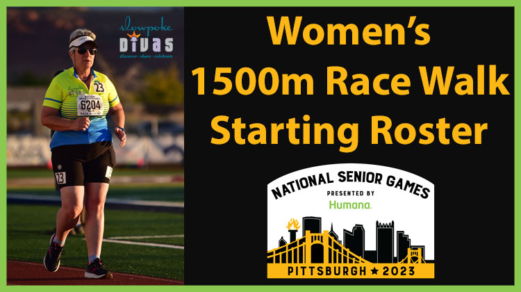 title card reads women's 1500 meter race walk starting roster for the 2023 National Senior Games. Photo of Bonnie Parrish-Kell race walking on a track.