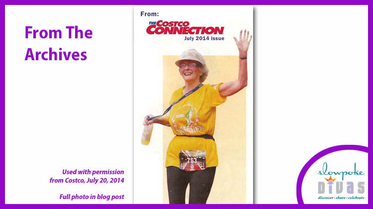 title card with scanned image of 81-year-old marathon walker Beth Petersen's letter and photo published in July 2014 edition of The Costco Connection. Image used with permission from Costco Connection editors, July 2014.