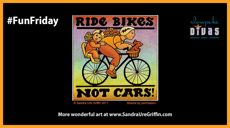 title card featuring "Ride Bikes, Not Cars!" illustration by Sandra Ure Griffin. Used with permission, Sept. 2014.
