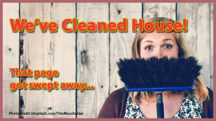 Photo of woman and broom. Title card for deleted post or page